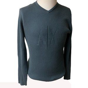 ARMANI EXCHANGE Midnight‎ Blue Ribbed Knit Logo V Neck Long Sleeve Sweater